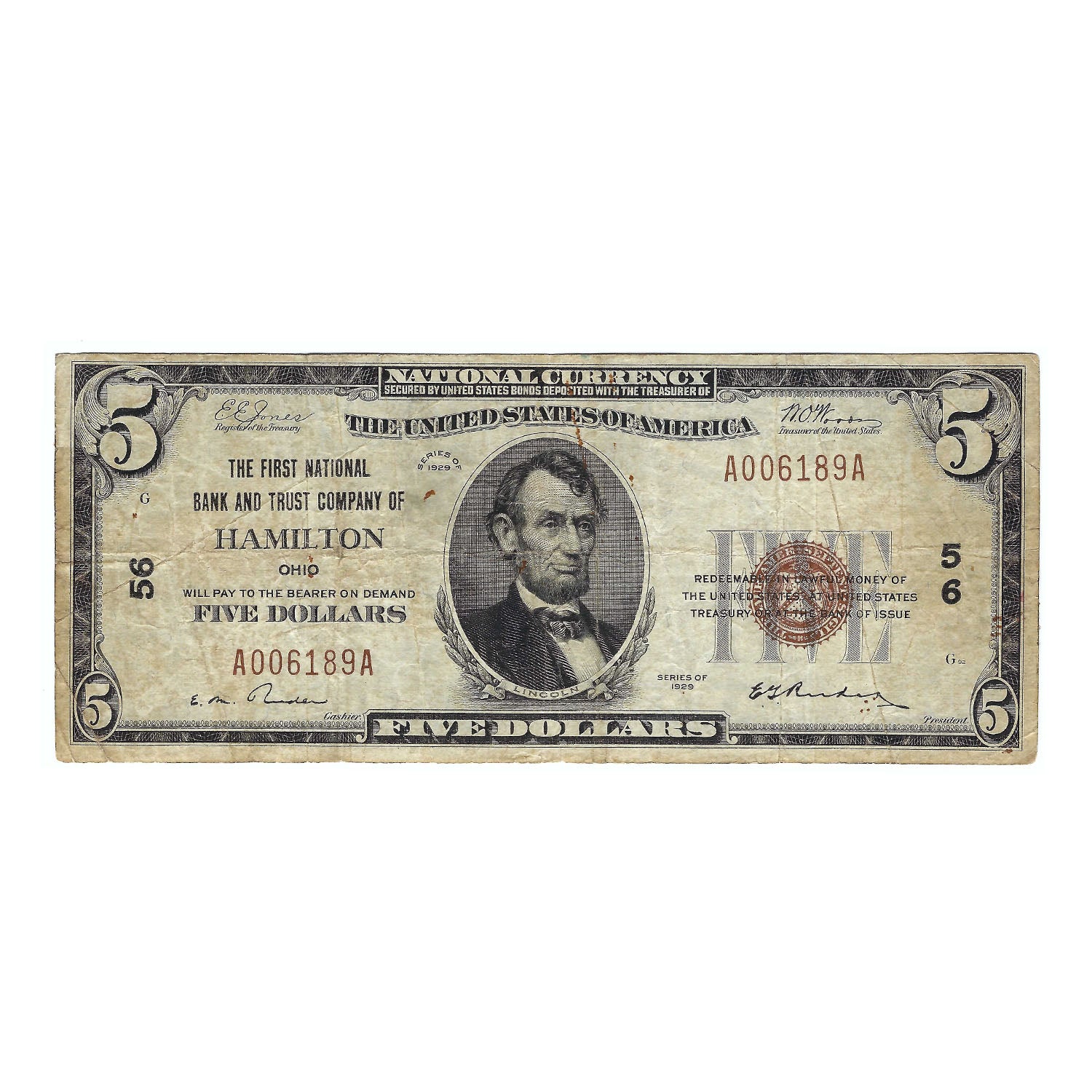1929 $5 Small Size National Bank Note, First NB and Trust Co. of Hamilton, OH Circulated