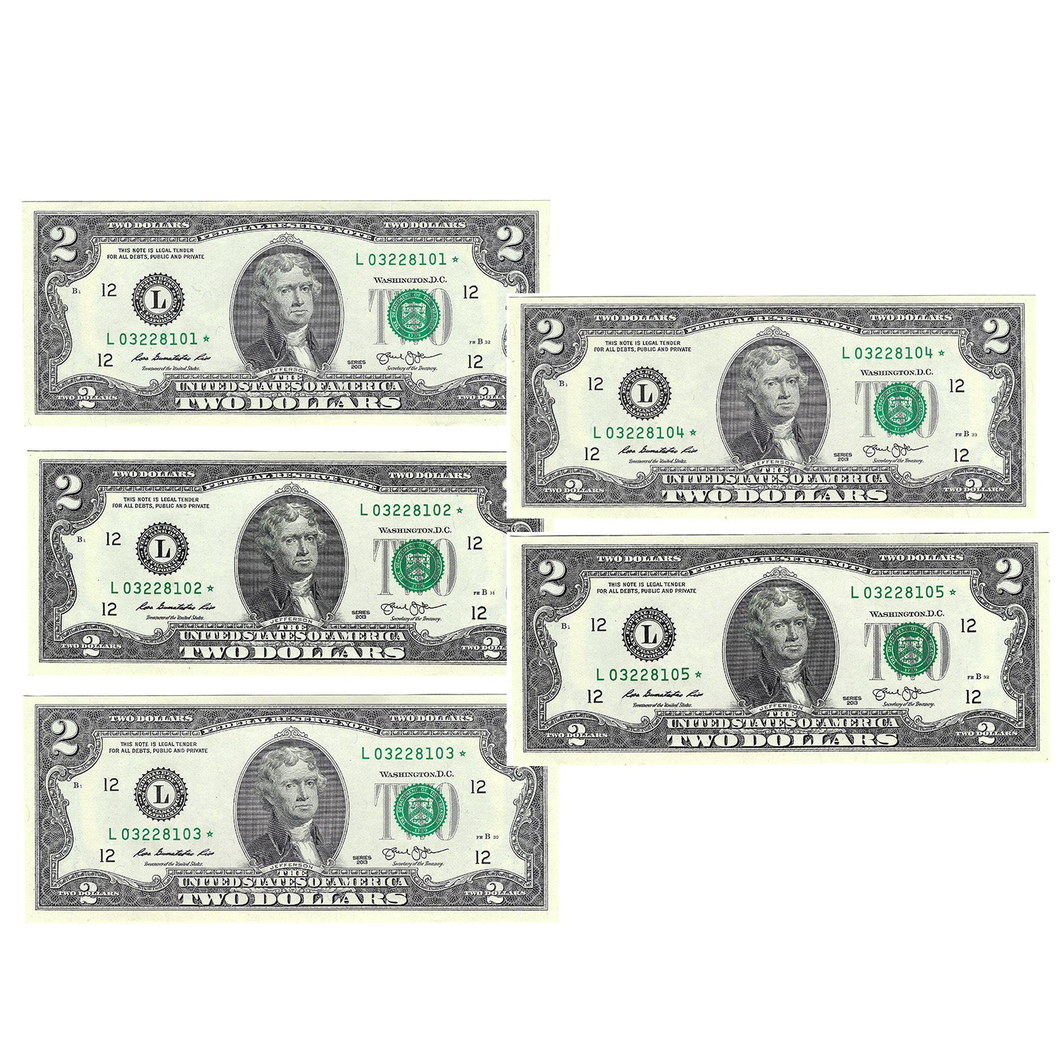 2013 $2 Federal Reserve Note Sequential Set of 5 Star Notes, Uncirculated