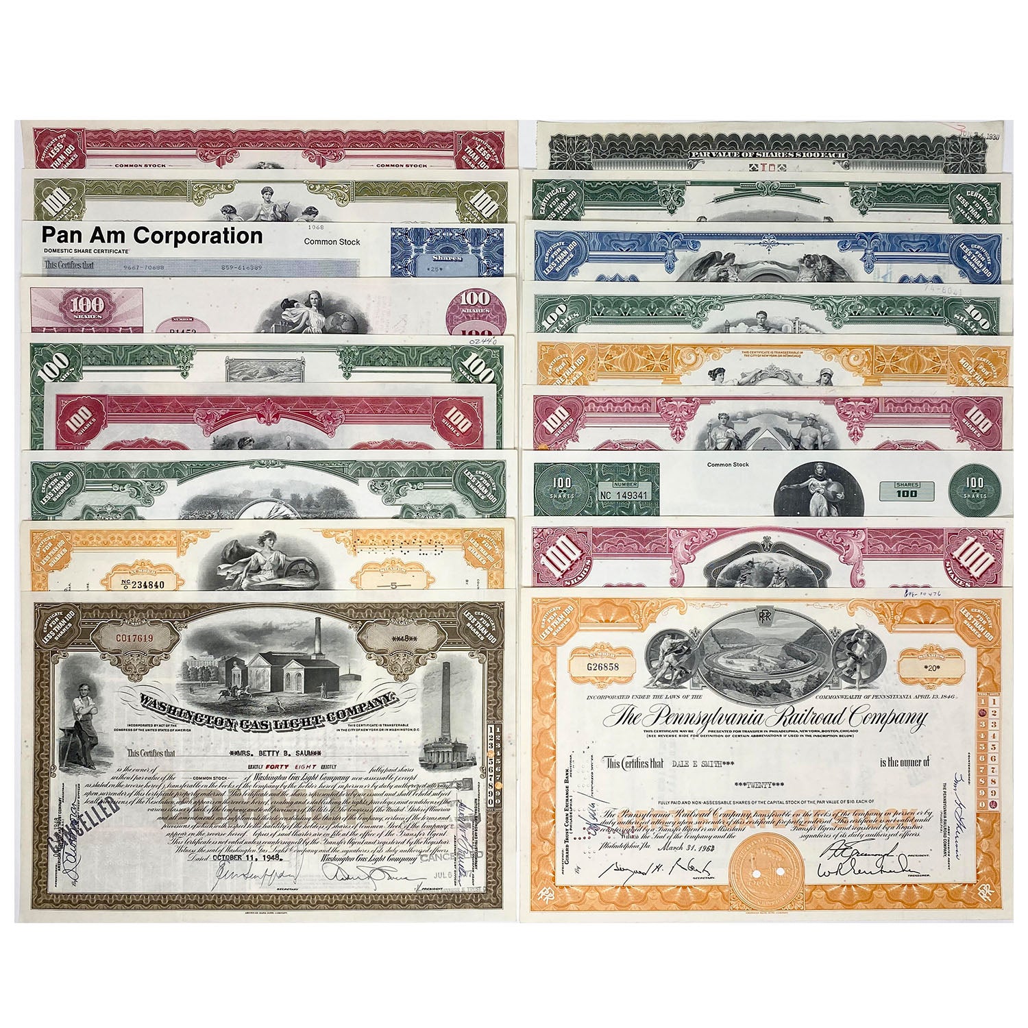 Advanced Collection of 18 Stock Certificates: Great American Corporations (1920's - 1980's)
