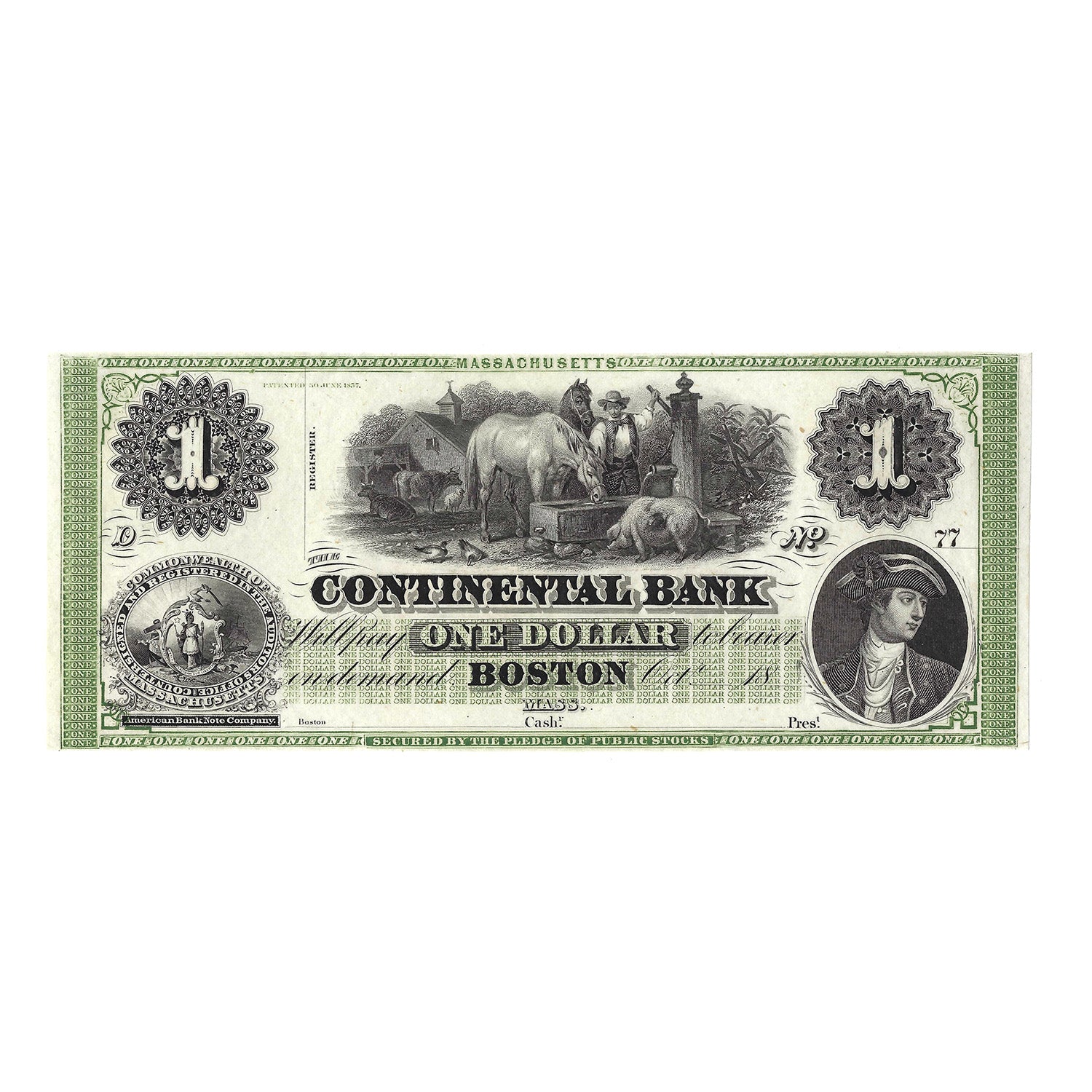 1800's $1 The Continental Bank, Boston, Massachusetts Obsolete Bank Note