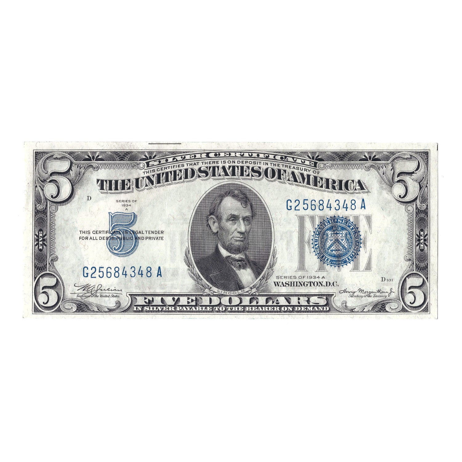 1934-A $5 Small Size Silver Certificate Crisp Uncirculated