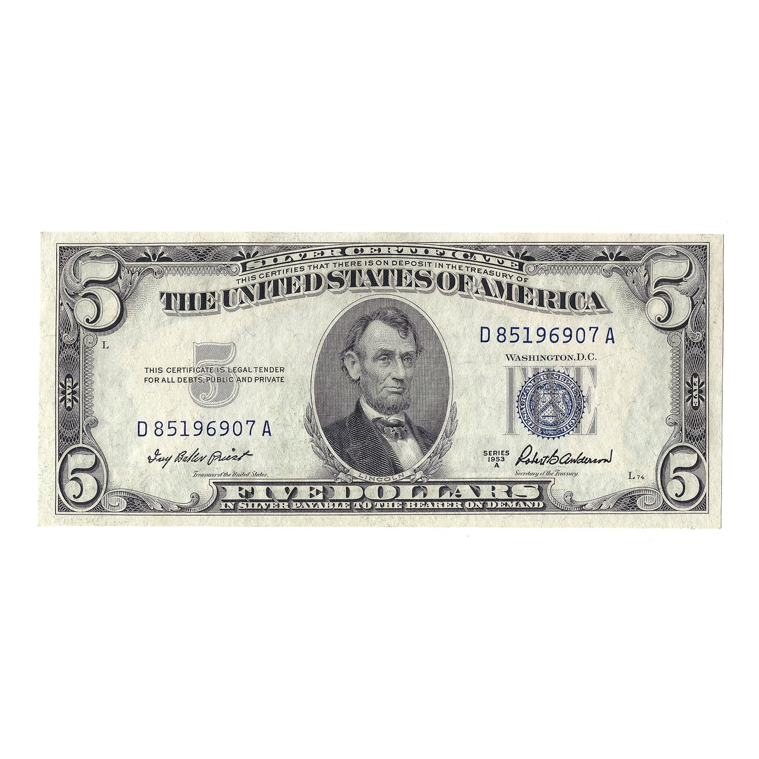 1953-A $5 Small Size Silver Certificate Crisp Uncirculated