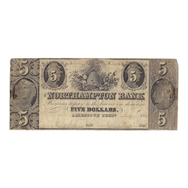 1841 $5 The Northampton Bank of Allentown, Pennsylvania Obsolete Bank Note