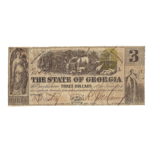 1864 $3 The State Bank Of Georgia Milledgeville, GA Obsolete Bank Note