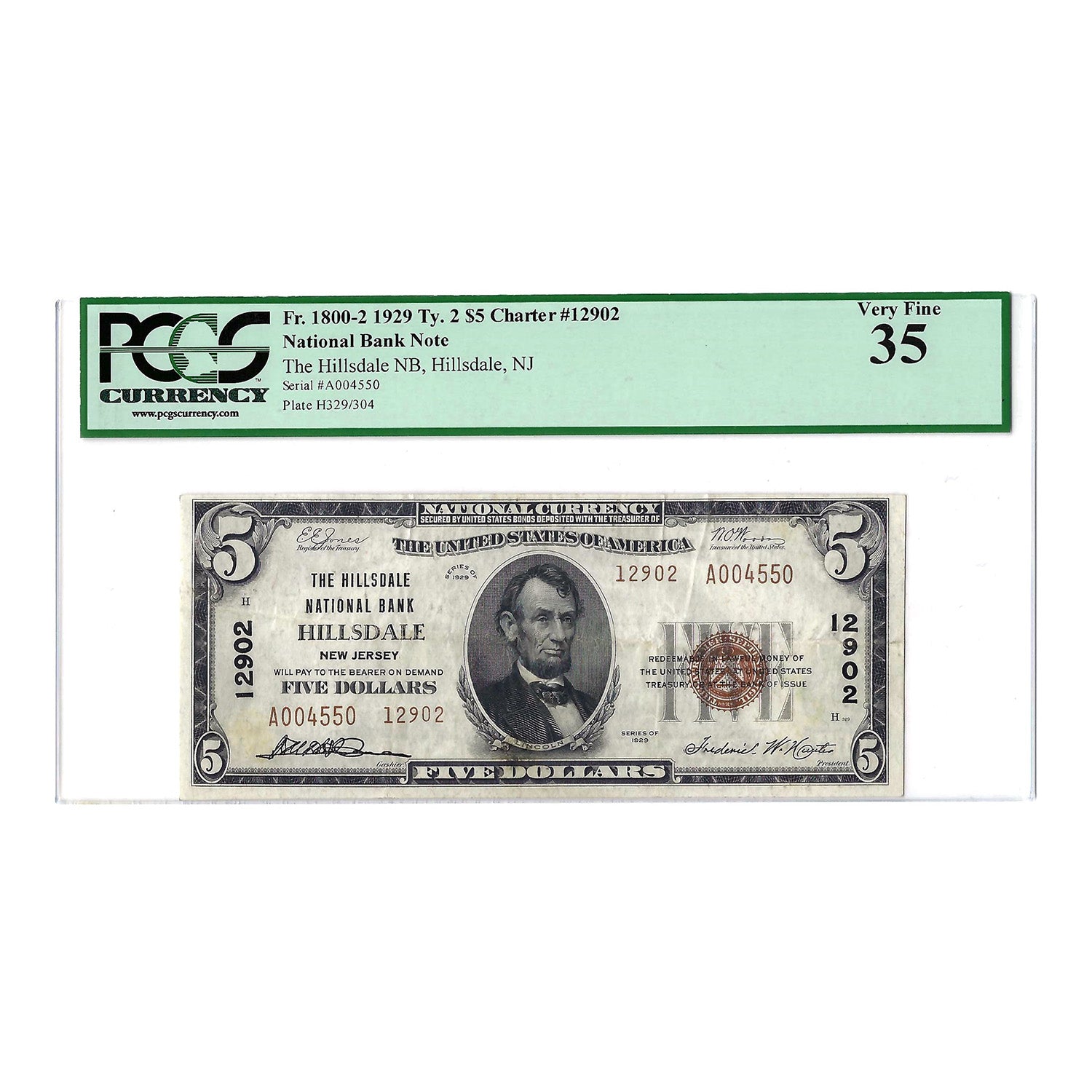 1929 $5 Small Size National Bank Note Hillsdale National Bank, Hillsdale, NJ PCGS 35 VF
