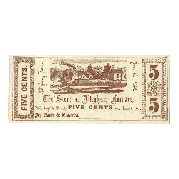 1856 Allegheny Furnace Five Cent Coupon Altoona, Pennsylvania