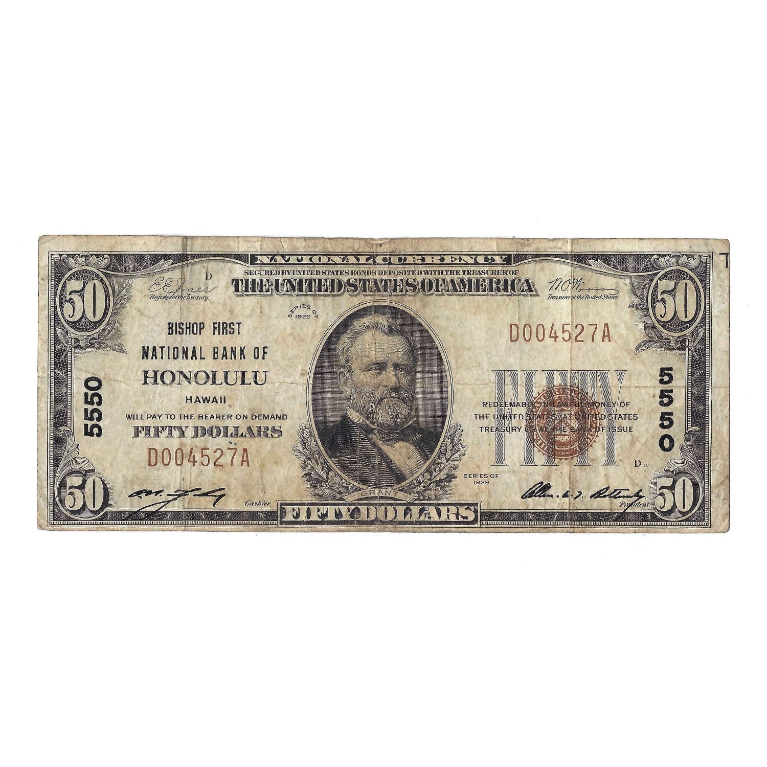 1929 $50 Small Size National Bank Note Bishop First National Bank of Honolulu, HI Circ