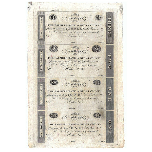 1800's $1, $2, $3 Farmers Bank of Bucks County Philadelphia Obsolete Note Uncut Sheet