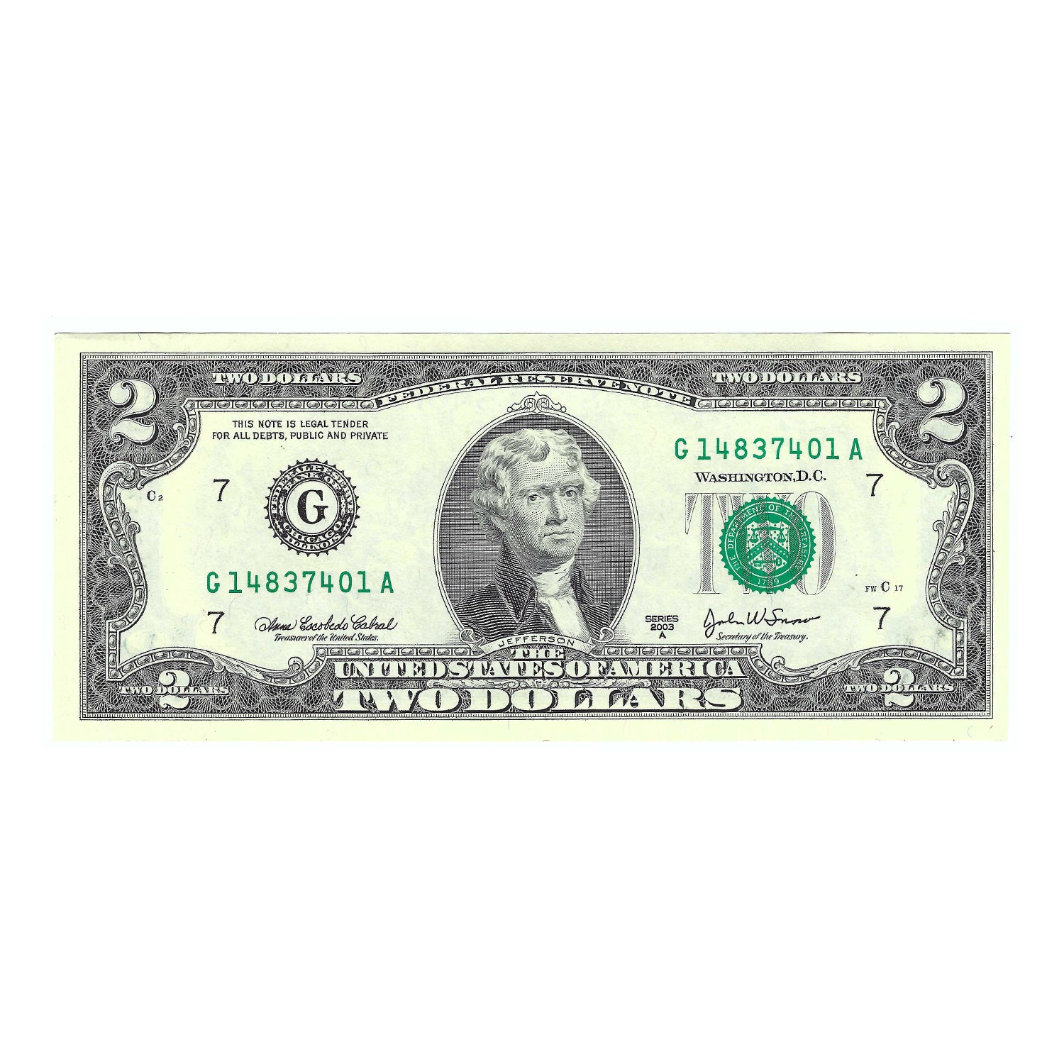 2003A $2 Small Size Federal Reserve Note, Chicago, Crisp Uncirculated