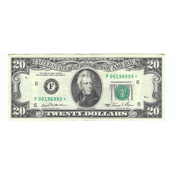 1981 $20 Small Size Federal Reserve Star Note, Buchanon-Regan, Circula ...