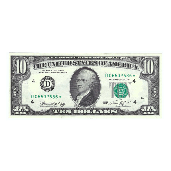 1974 $10 Small Size Federal Reserve Star Note, Cleveland, Neff-Simon, Uncirculated