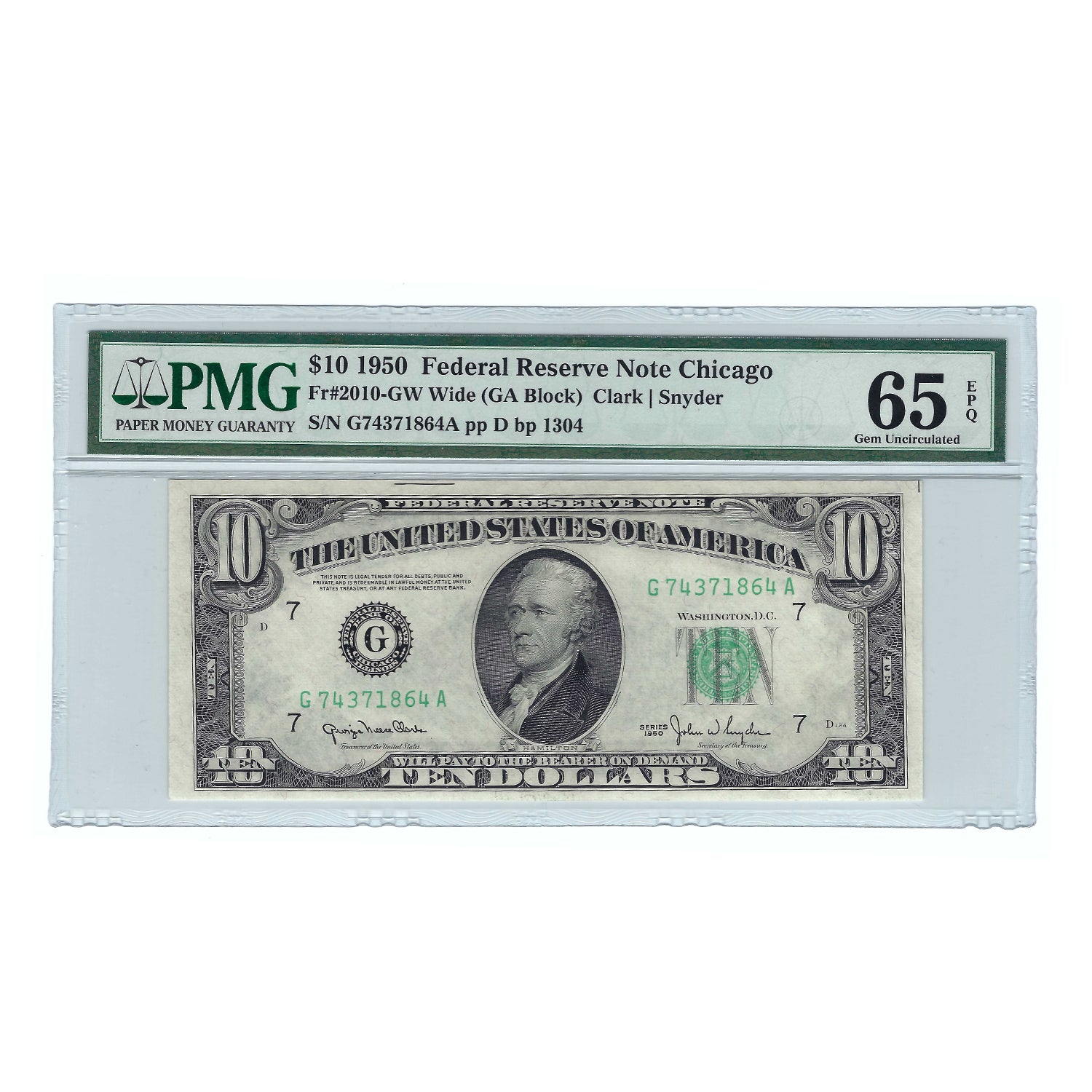 1950 $10 Sm Size Federal Reserve Note, Clark-Snyder, PMG 65 EPQ Choice Uncirculated
