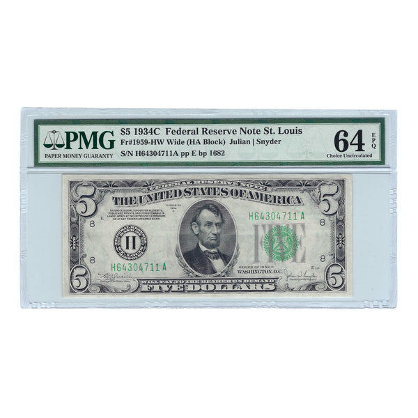 1934-C $5 Sm Size Federal Reserve Note, Julian-Snyder, PMG 64 EPQ Choice Uncirculated