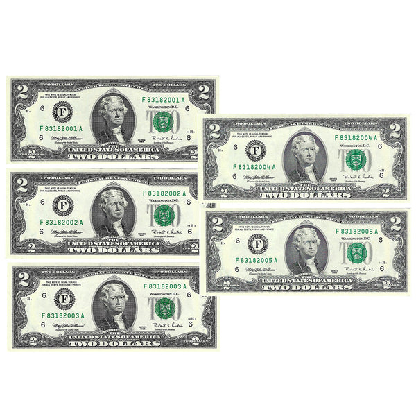 1995 $2 U.S. Federal Reserve Notes Set of 5 Sequential Serial Numbers, Unc