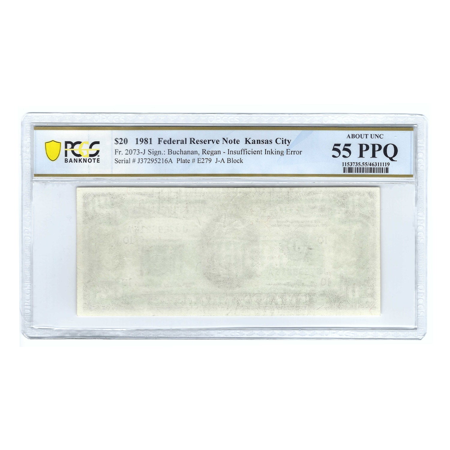 1981 $20 Sm Size Federal Reserve Note, Insufficient Inking Error PCGS About Unc 55 PPQ