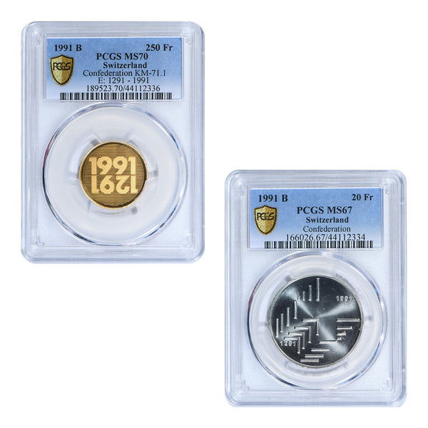 1991-B Switzerland Confederation Gold and Silver Coin Set PCGS MS70 + MS67