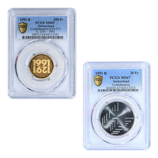 1991-B Switzerland Confederation Gold & Silver Coin Set PCGS MS69 + MS67