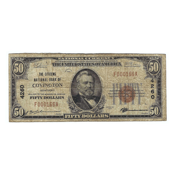 1929 $50 Small Size National Bank Note, Citizens NB of Covington, Kentucky Circulated