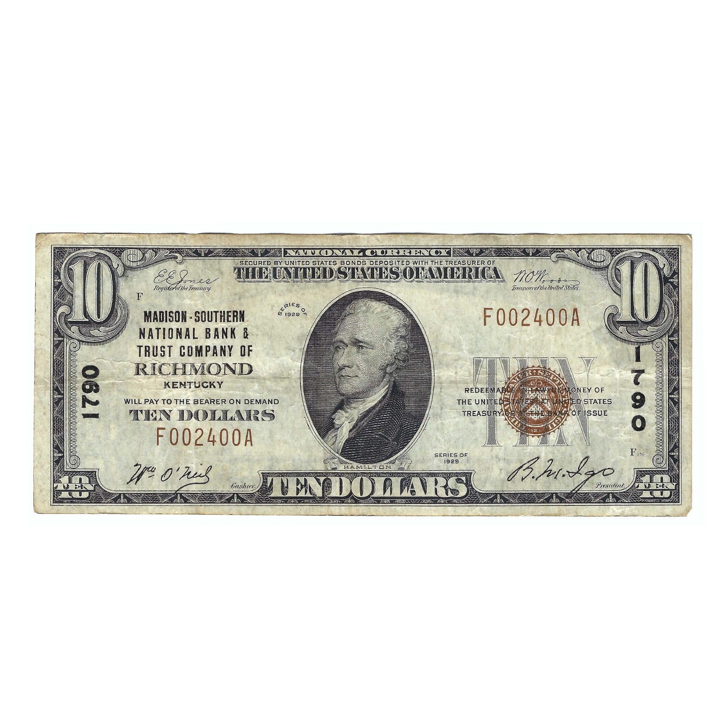 1929 $10 Sm Size National Bank Note, Madison-Southern NB and Trust Co., Richmond, KY Circulated