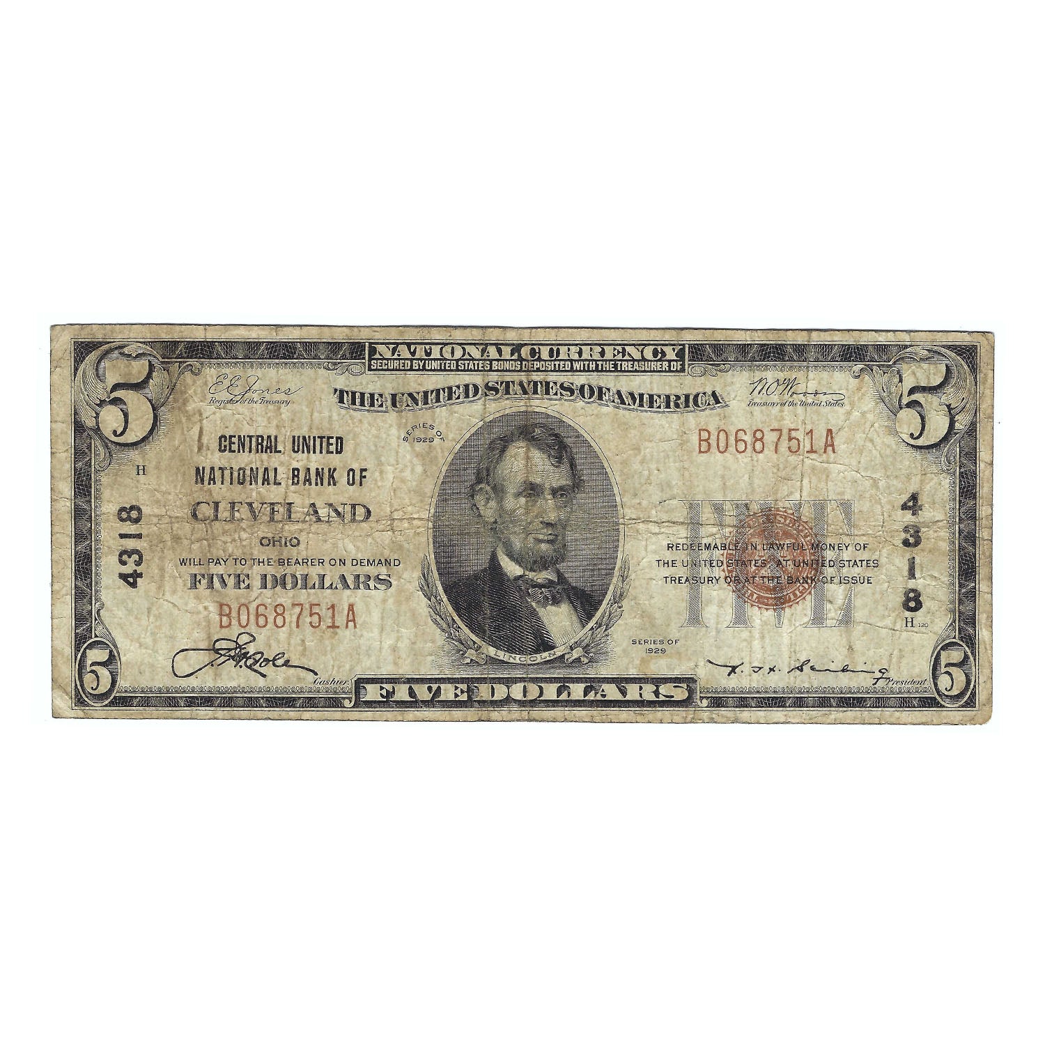1929 $5 Small Size National Bank Note, Central United NB of Cleveland, OH Circulated
