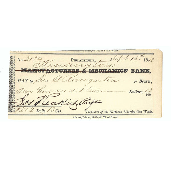 1848 Kensington Bank Check Philadelphia, PA Issued