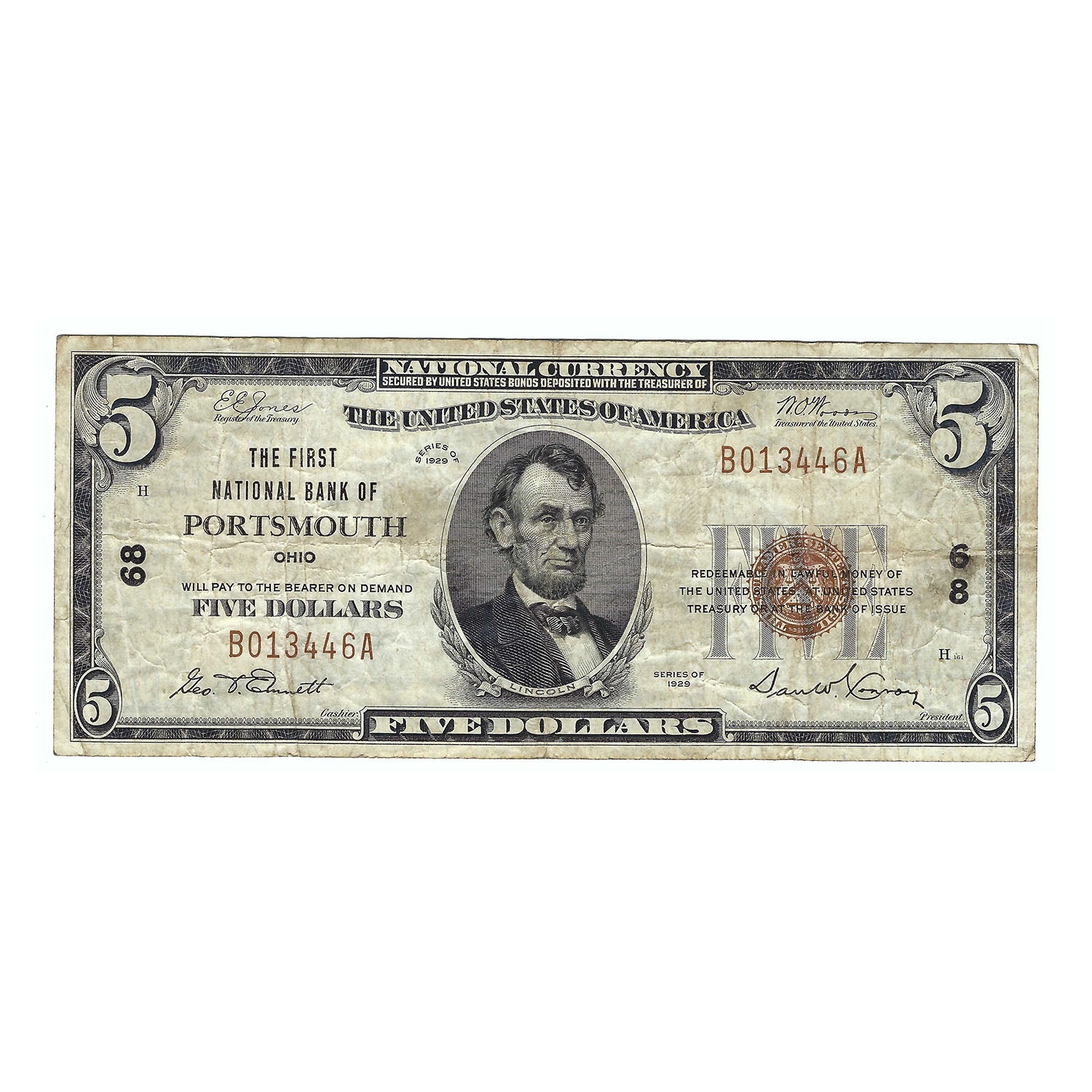 1929 $5 Small Size National Bank Note, First National Bank of Portsmouth, OH Circulated
