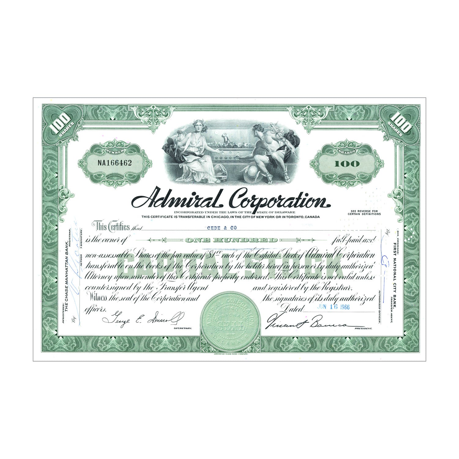 Admiral Corporation Stock Certificate // 100 Shares // Green // 1960s