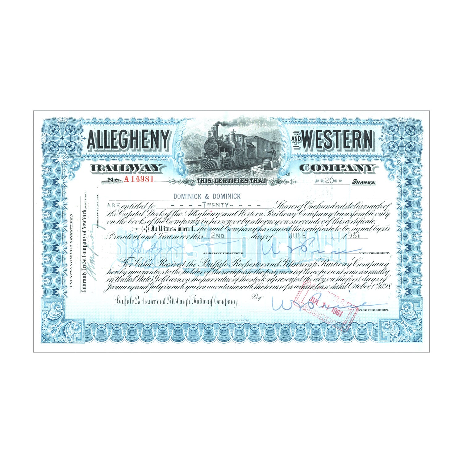 Allegheny & Western Railway Co. Stock // Varies // Blue // 1930s-50s