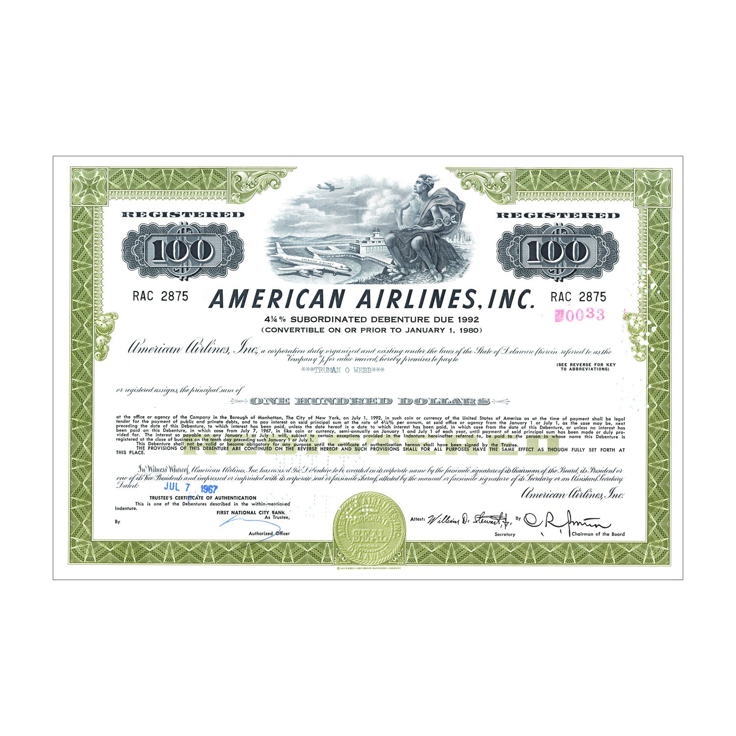 American Airlines Inc. Bond Certificate // $100 // Green // 1960s-70s