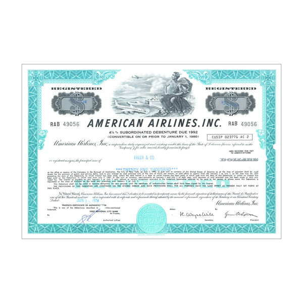 American Airlines Inc. Bond Certificate // Varies // Blue // 1960s-70s
