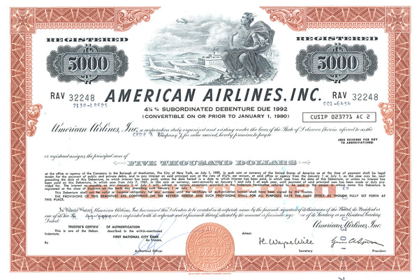 American Airlines Inc. Bond Certificate // $5,000 // Orange // 1960s-70s