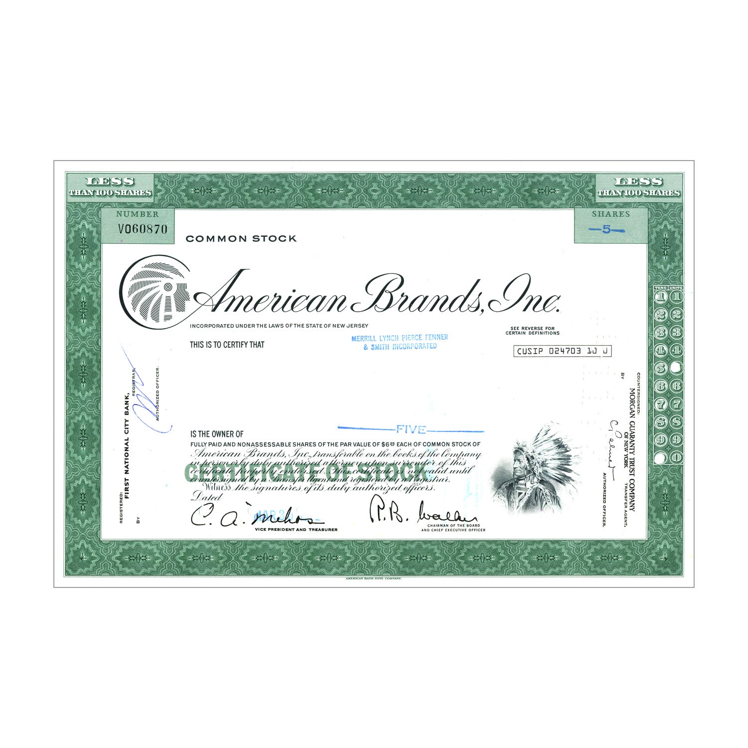 American Brands Inc. Stock Certificate // Under 100 Shares // Green // 1960s-70s