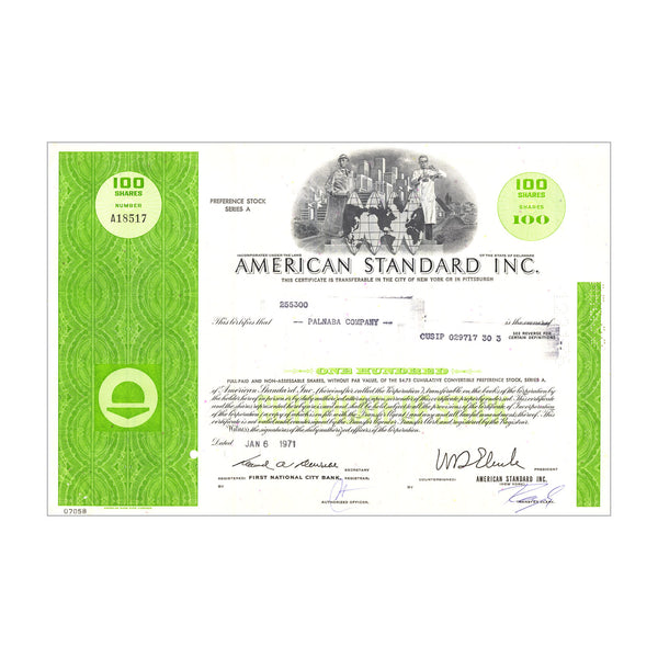 American Standard Inc. Stock Certificate // 100 Shares // Green // 1960s-70s
