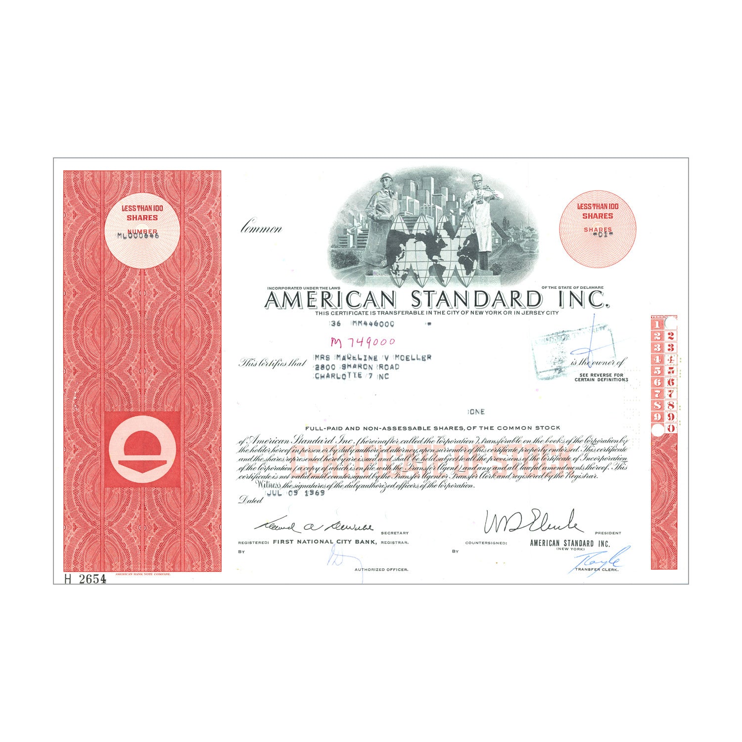 American Standard Inc. Stock Certificate // 1-99 Shares // Red // 1960s-70s