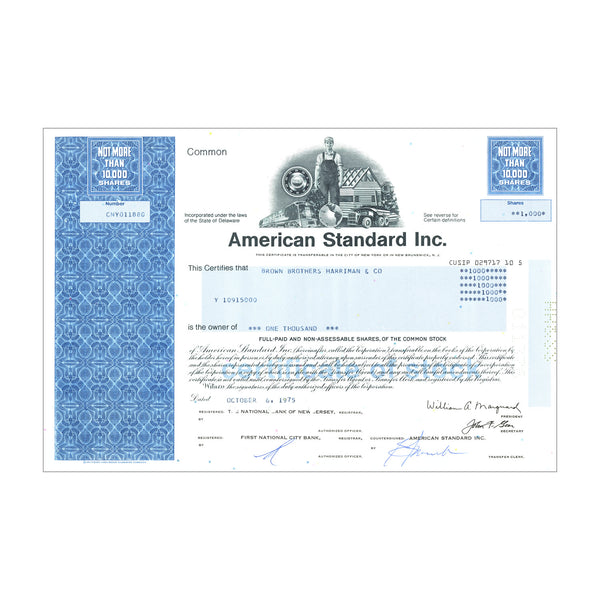 American Standard Inc. Stock Certificate //101+ Shares // Blue // 1960s-70s
