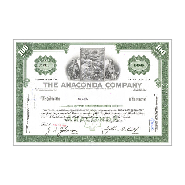 Anaconda Co. Stock Certificate // 100 Shares // Green // 1960s