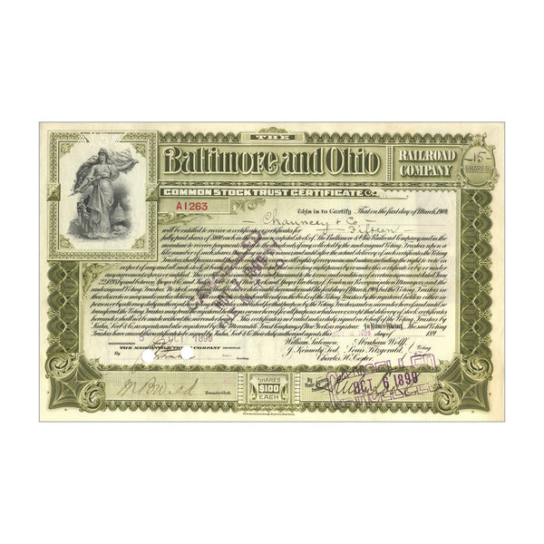 Baltimore & Ohio Railroad Co. Stock // 100 Shares // Green // 1890s-1900s