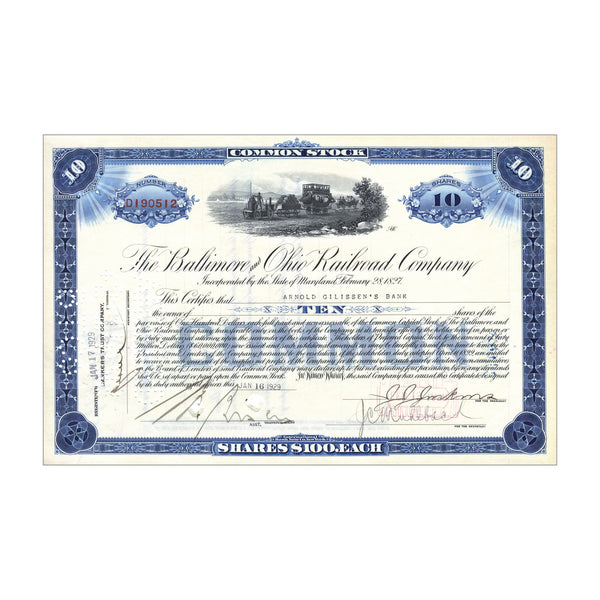 Baltimore & Ohio Railroad Co. Stock // 10 Shares // Blue //1920s-40s