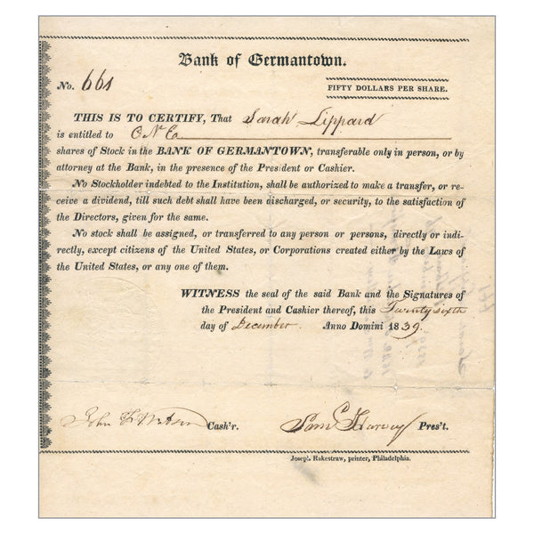 Bank of Germantown Stock Certificate // One Share // 1839