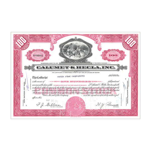 Calumet & Hecla Corp. Stock Certificate // 100 Shares // Pink // 1950s-60s
