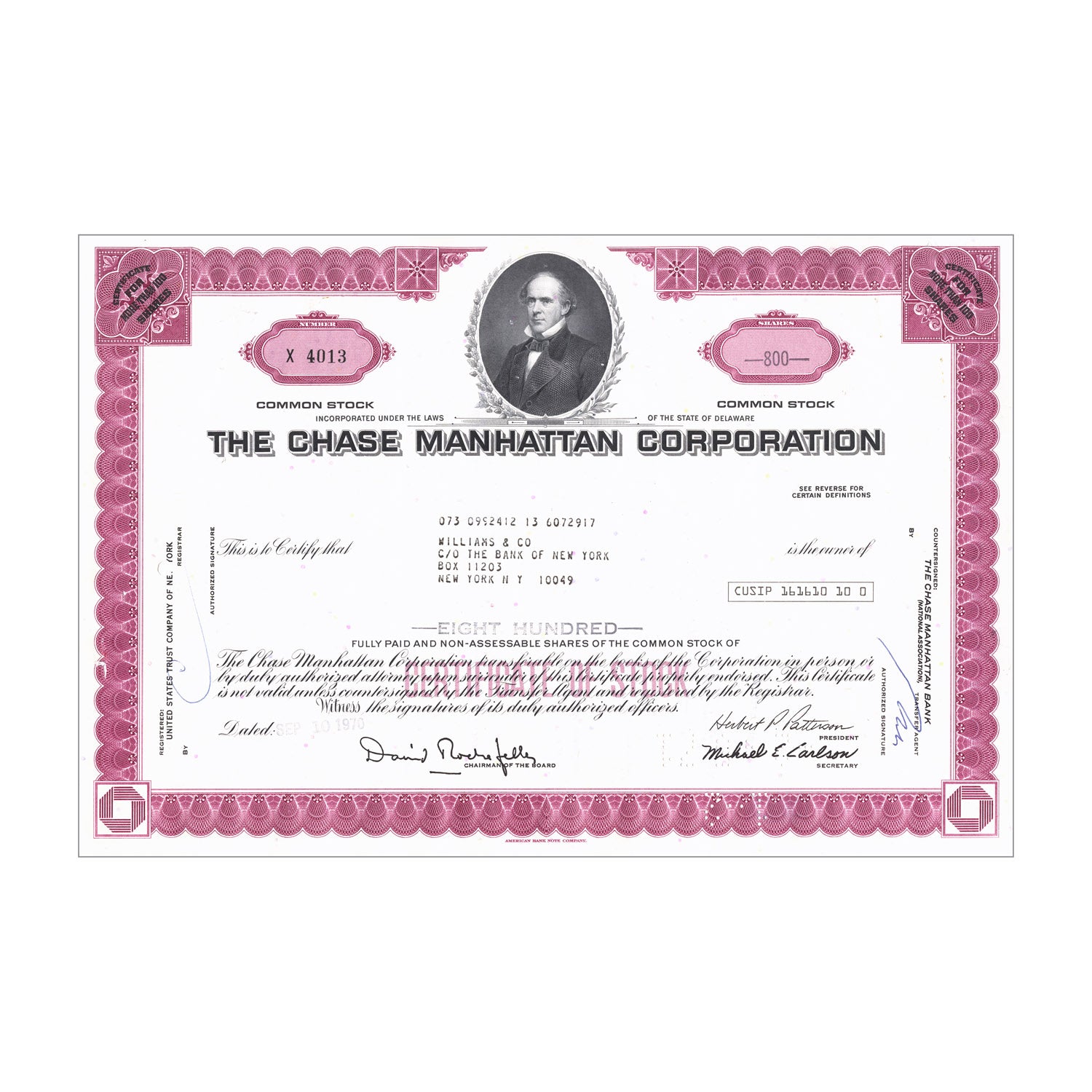 Chase Manhattan Corp. Stock Certificate  // 101+ Shares // Pink // 1960s-70s