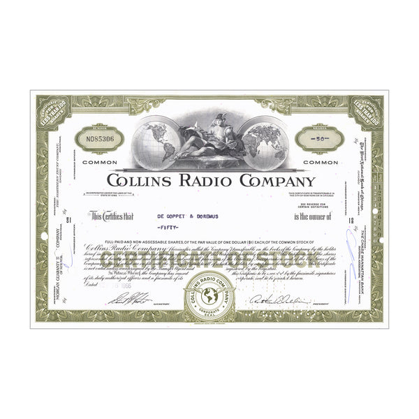 Collins Radio Co. Stock Certificate // 1-99 Shares // Green // 1960s