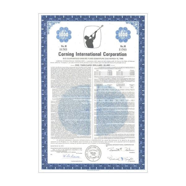 Corning International Corp. Bond Certificate $1,000 // Blue // 1980s