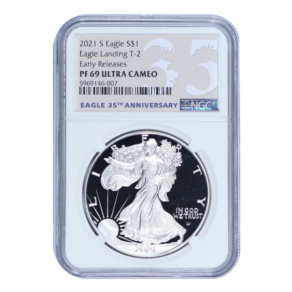 2021-S American Silver Eagle, Eagle Landing T-2 NGC PF69 Ultra Cameo ER Label