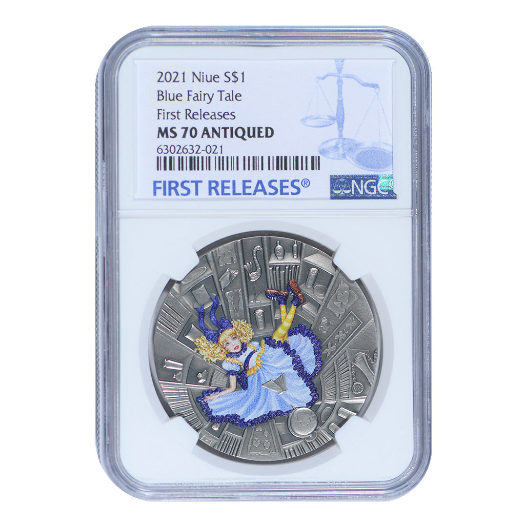 2021 $1 Niue Blue Fairy Tale Series NGC First Releases MS 70 Antiqued w/ OGP