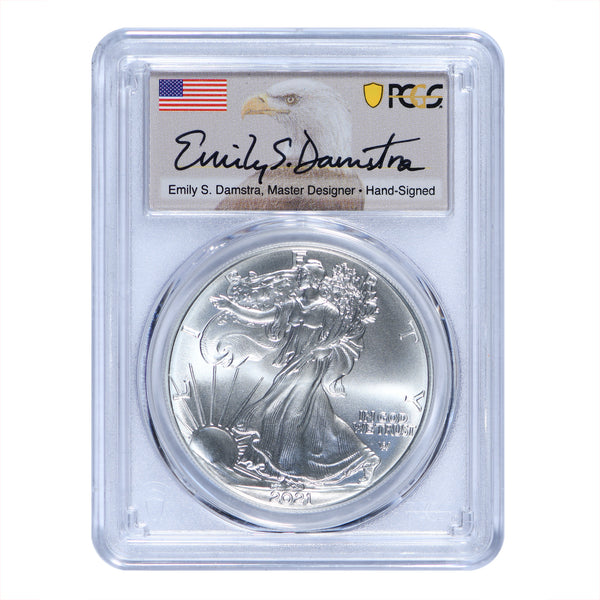 2021 American Silver Eagle T-2 PCGS MS70 First Strike Emily Damstra Signed Label
