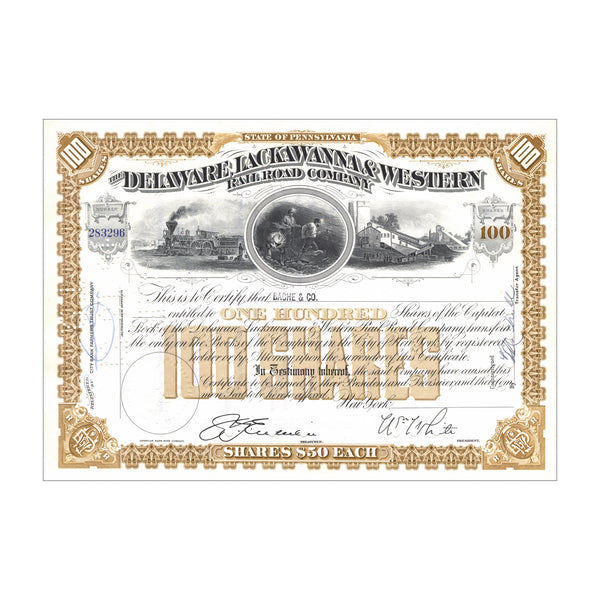 Delaware Lackawanna & Western Railroad Co. Stock // 100 Shares // Brown // 1950s