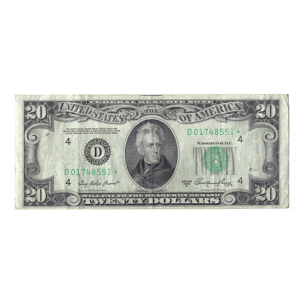 1950-A $20 Small Size Federal Reserve Note, Priest-Humphrey, FR2060D, Circulated