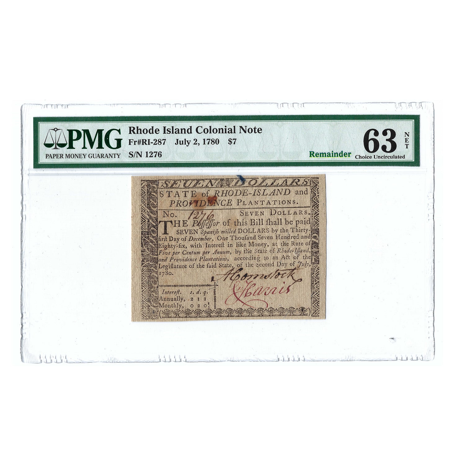 $7 Rhode Island Colonial Note, PMG Choice Uncirculated 63, Fr#RI-287, S/N 1276