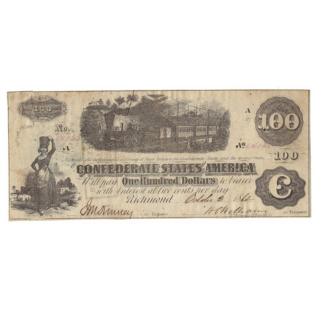 1862 $100 Confederate States of America, Obsolete Bank Note